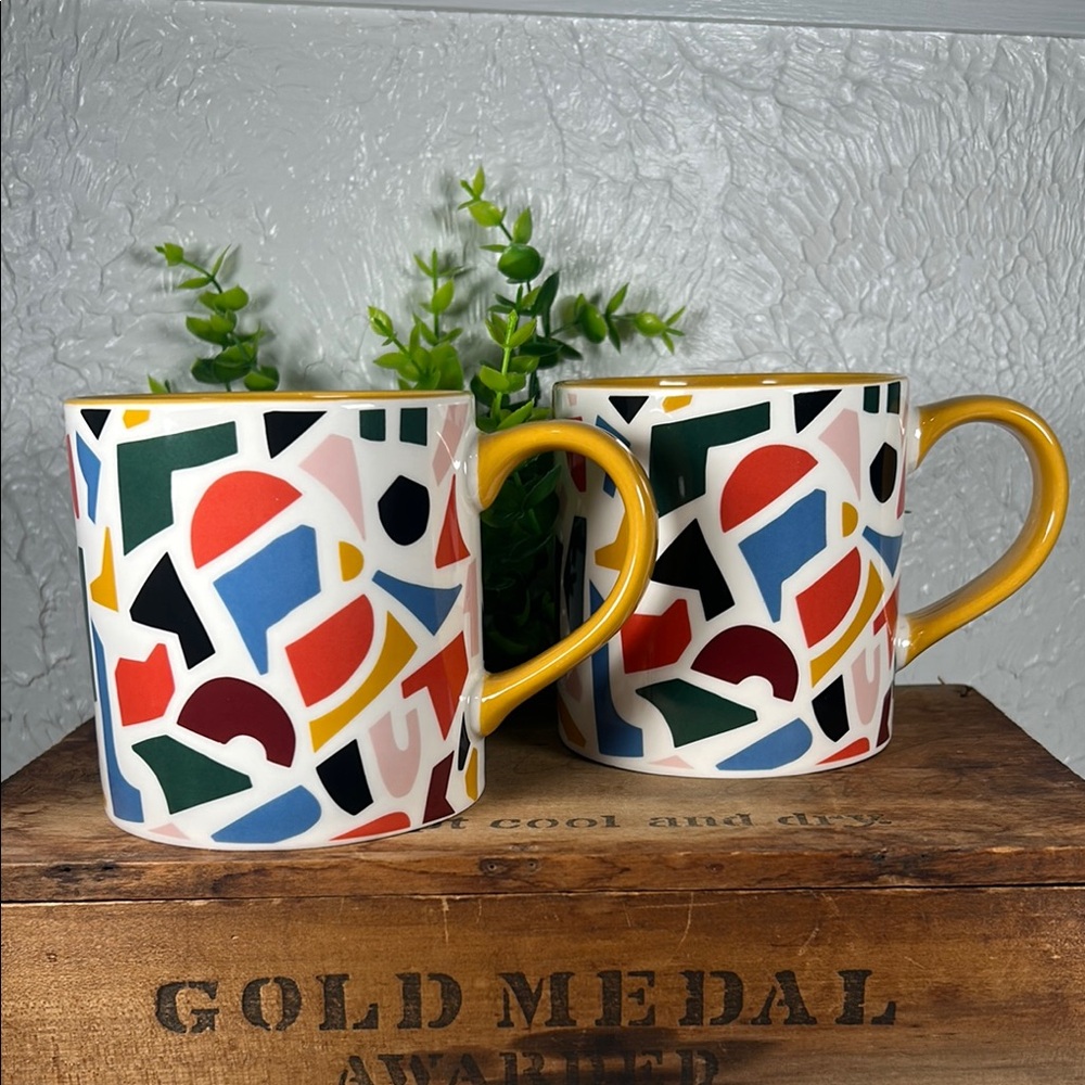 Room Essentials Multicolor Mugs with Gold Handles Mosaic Design 16 oz Mugs NWT - Picture 2 of 12